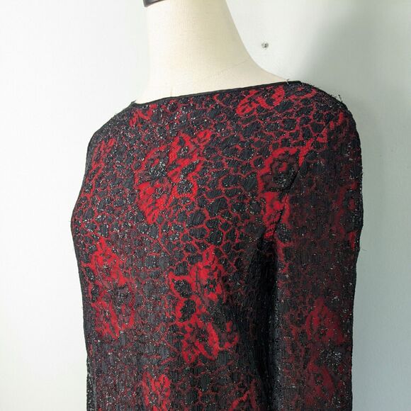 Silk Lace Top Blouse S Black Red Vintage Goth Overlay Holiday Christmas 10 - Picture 6 of 10
